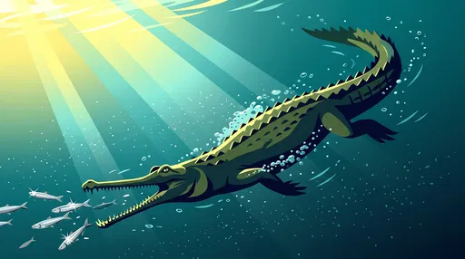 Underwater Gharial Crocodile Chasing Silver Fish