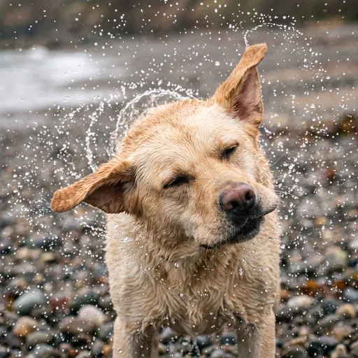 Wet Yellow Dog Shaking Off Water
