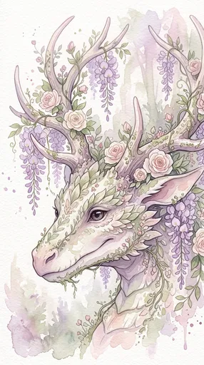 Pastel Watercolor Floral Dragon Illustration
