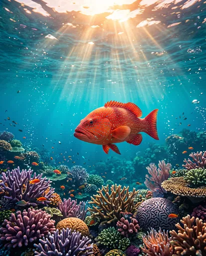 Red Coral Trout Over Sunlit Reef