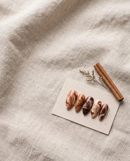 Brown Marble Swirl Nail Tips Flat Lay