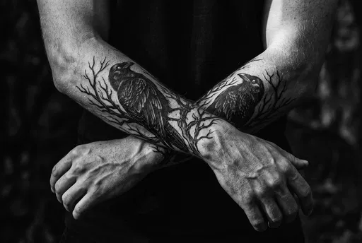 Monochrome Crossed Forearms With Raven Tattoos