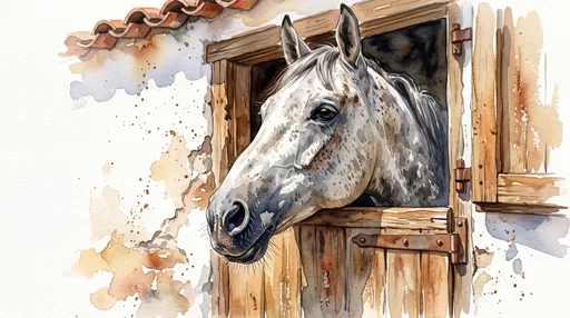 Watercolor Grey Horse in Wooden Stable