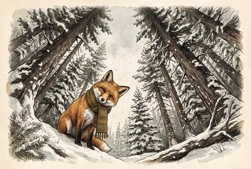 Woodland Fox in Scarf Winter Illustration