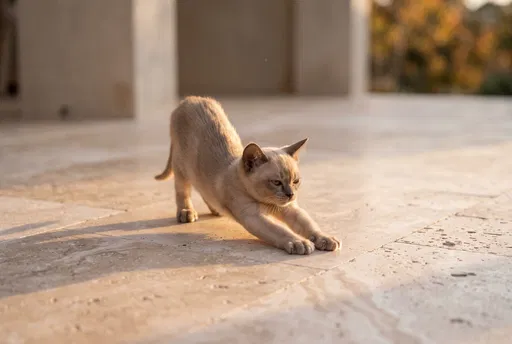 Fawn Kitten Stretching on Stone Patio