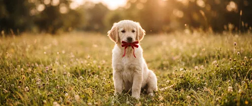 Golden Retriever Puppy Holding Red Bow