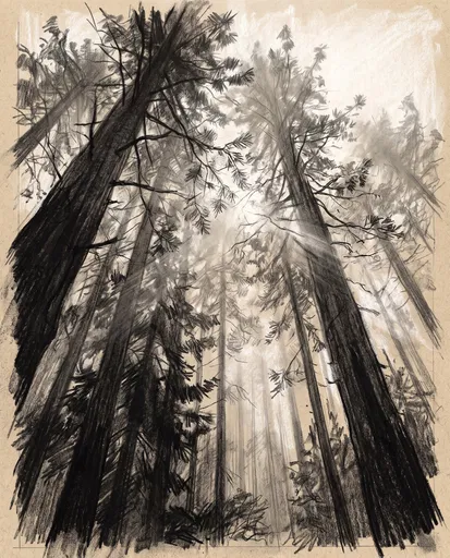 Charcoal Drawing of Towering Pine Trees