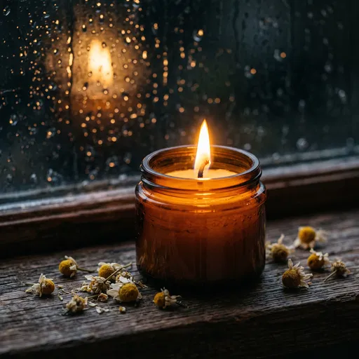 Lit Candle on Rainy Windowsill