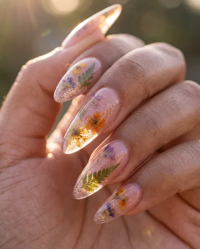 Macro Floral Encapsulated Almond Nails