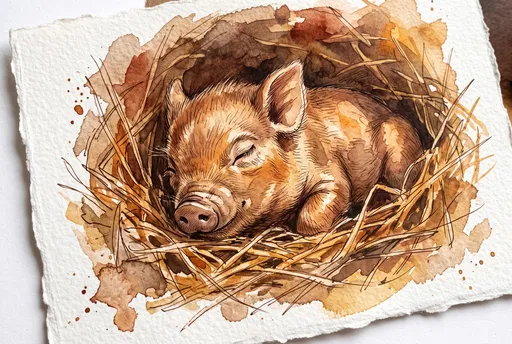 Watercolor Sleeping Piglet in Straw