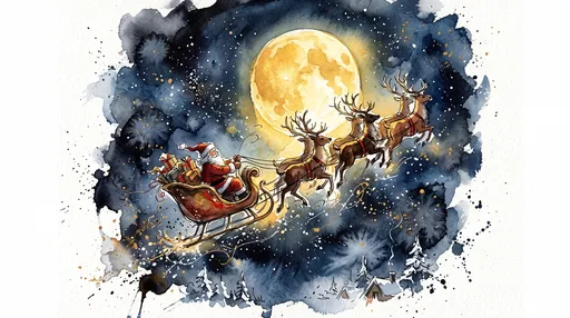 Watercolor Santa Sleigh Flying Past Moon