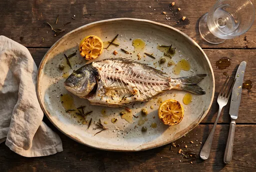 Finished Grilled Fish Skeleton on Ceramic Platter