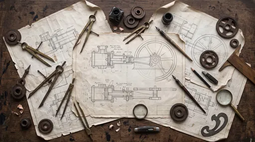 Vintage Steam Engine Blueprints and Drafting Tools
