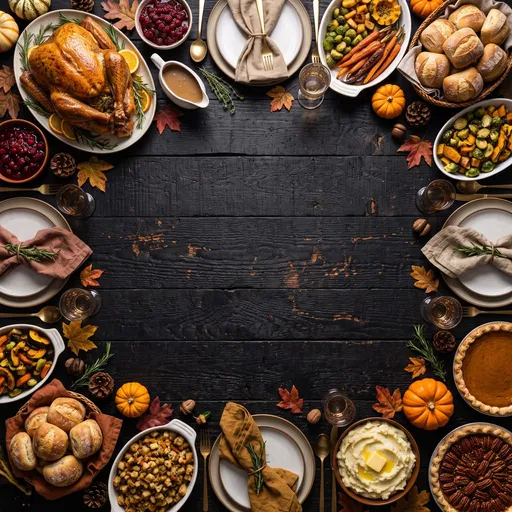 Overhead Thanksgiving Feast Border on Dark Wood