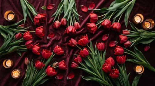 Red Tulips and Candles on Burgundy Velvet