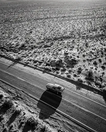 Monochrome Aerial View of Desert Muscle Car