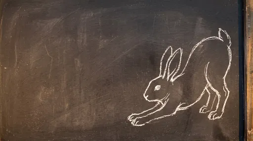Chalk Drawing of Stretching Rabbit on Blackboard