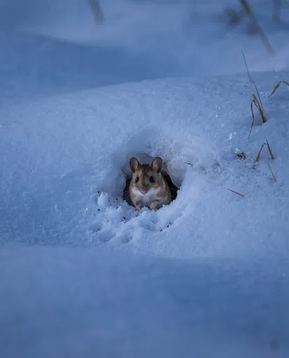 Deer Mouse Emerging From Snow Burrow