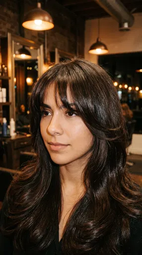 Woman With Dark Layered Hair and Bangs