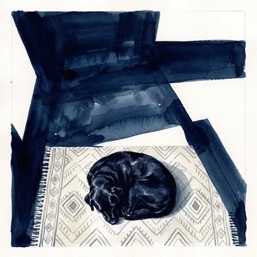 Black Labrador Sleeping on Geometric Rug Illustration