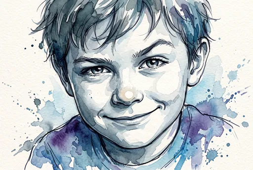 Watercolor Portrait of Smirking Young Boy