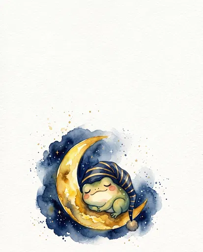 Watercolor Sleeping Frog on Crescent Moon
