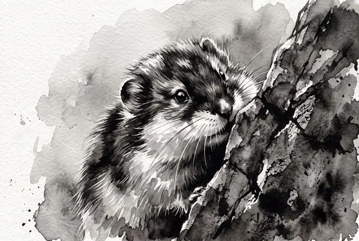 Monochrome Watercolor Illustration of a Peering Lemming