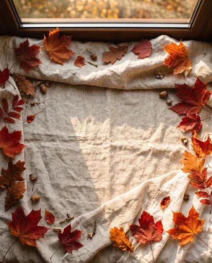 Autumn Leaves Frame on Sunlit Linen