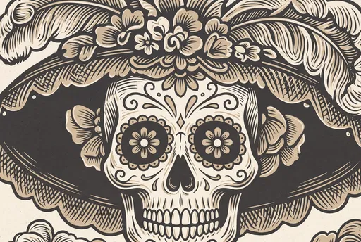 Vintage Woodcut Calavera Catrina Skull Illustration