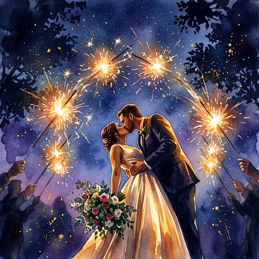 Watercolor Newlywed Couple Kissing Under Sparklers