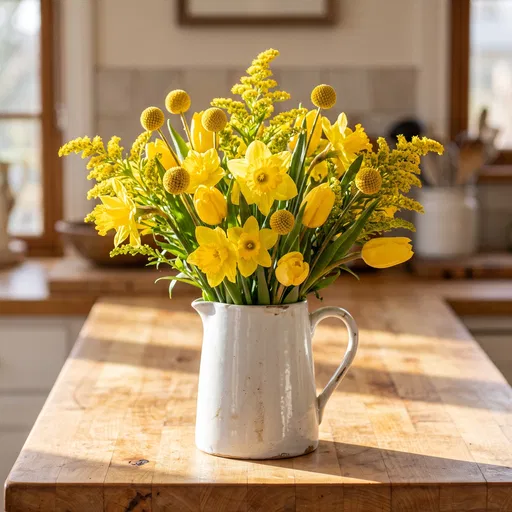 Yellow Flower Bouquet in White Pitcher