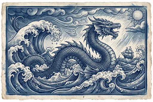 Vintage Blue Woodcut Sea Serpent Illustration