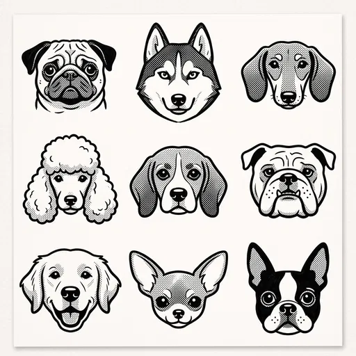 Monochrome Cartoon Dog Faces Grid Illustration