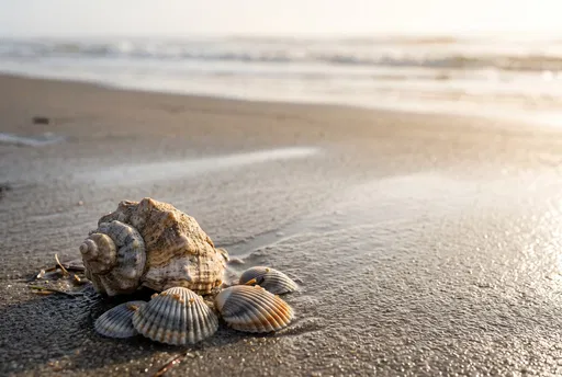 Seashells on Wet Beach Sand at Sunrise