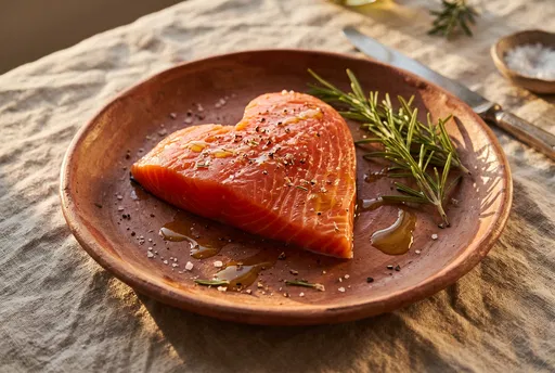 Heart Shaped Salmon Fillet on Terracotta Plate