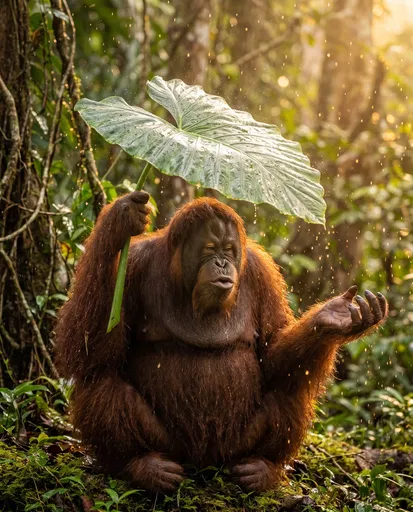 Orangutan Using Giant Leaf as Umbrella