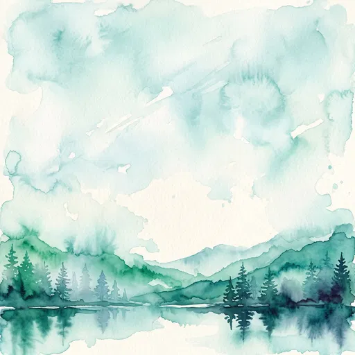 Teal Watercolor Lake and Pine Landscape