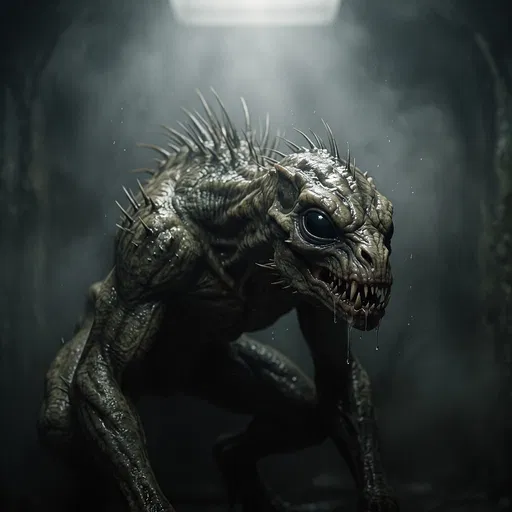 Reptilian Chupacabra Creature in Misty Enclosure