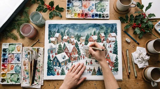 Artist Painting Watercolor Christmas Village Overhead