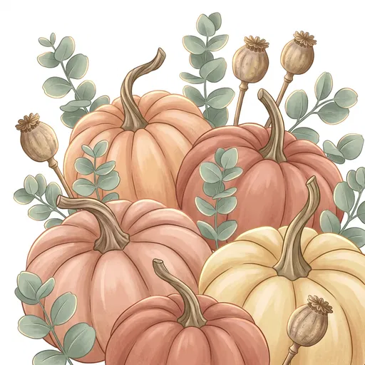 Pastel Autumn Pumpkins and Eucalyptus Illustration
