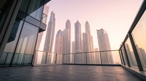 Modern High-Rise Balcony Overlooking Sunrise Skyline