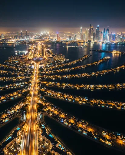 Aerial Night View of Palm Jumeirah Dubai