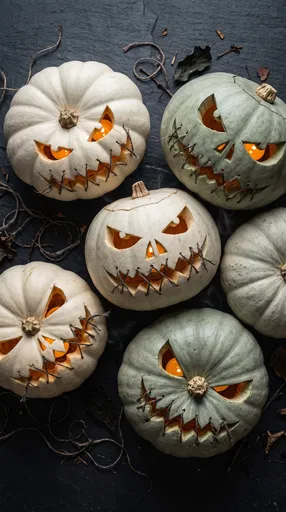 Flat Lay of Carved Pastel Pumpkins