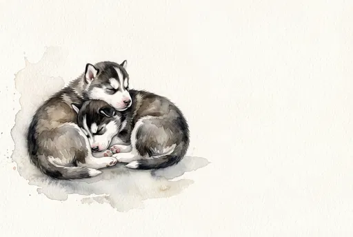 Watercolor Illustration of Two Sleeping Husky Puppies