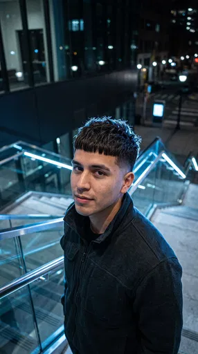 Man With Crop Haircut on Night Staircase