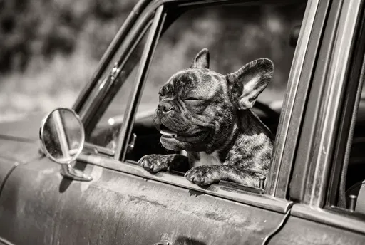 French Bulldog in Vintage Car Window