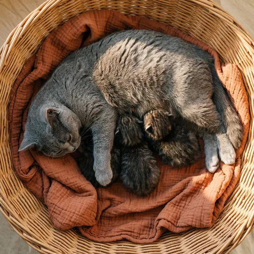 Mother Cat Nursing Kittens in Basket