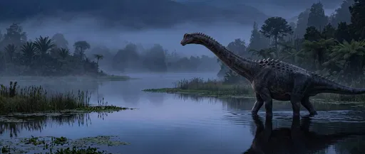 Titanosaurus Wading in Misty Twilight Lake