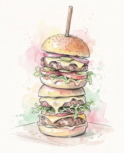 Watercolor Tall Gourmet Burger Stack Illustration