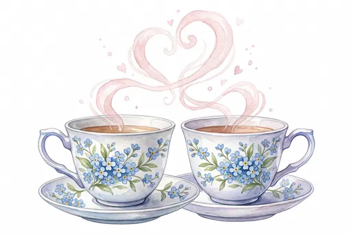 Watercolor Teacups With Pink Heart Steam